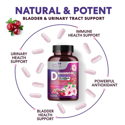 D-Mannose Kapseln – 1.300 mg Bio D-Mannose mit Bio Cranberry Extrakt – Schnelle natürliche Unterstützung für Harnwege & Blase – Für Frauen & Männer – 60 Kapseln