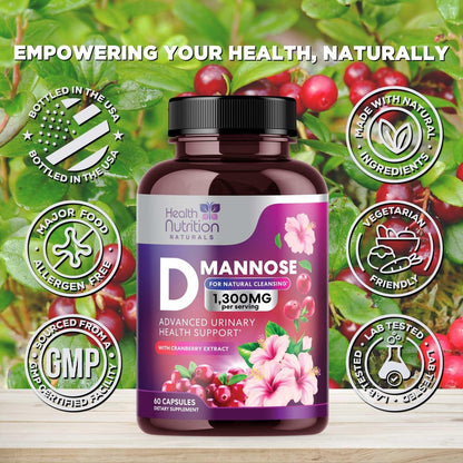 D-Mannose Kapseln – 1.300 mg Bio D-Mannose mit Bio Cranberry Extrakt – Schnelle natürliche Unterstützung für Harnwege & Blase – Für Frauen & Männer – 60 Kapseln