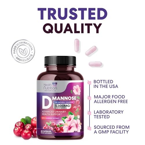D-Mannose Kapseln – 1.300 mg Bio D-Mannose mit Bio Cranberry Extrakt – Schnelle natürliche Unterstützung für Harnwege & Blase – Für Frauen & Männer – 60 Kapseln