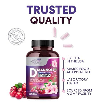 D-Mannose Kapseln – 1.300 mg Bio D-Mannose mit Bio Cranberry Extrakt – Schnelle natürliche Unterstützung für Harnwege & Blase – Für Frauen & Männer – 60 Kapseln