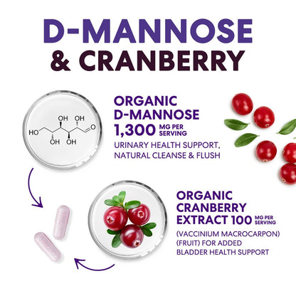 D-Mannose Kapseln – 1.300 mg Bio D-Mannose mit Bio Cranberry Extrakt – Schnelle natürliche Unterstützung für Harnwege & Blase – Für Frauen & Männer – 60 Kapseln