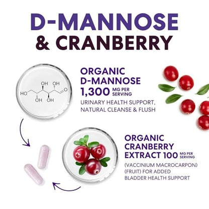 D-Mannose Kapseln – 1.300 mg Bio D-Mannose mit Bio Cranberry Extrakt – Schnelle natürliche Unterstützung für Harnwege & Blase – Für Frauen & Männer – 60 Kapseln