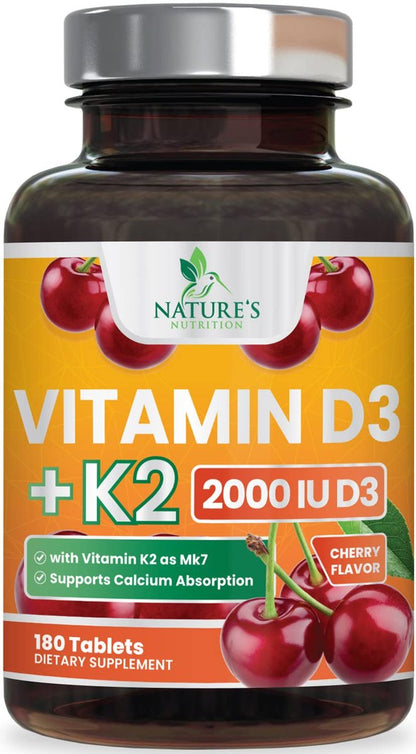 Vitamin D 2000 IE & K2 (MK7) Komplex – 180 Kautabletten für Knochen, Zähne, Muskeln, Immunsystem & Herzgesundheit