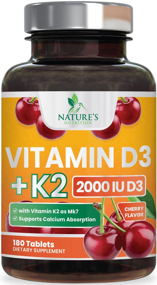 Vitamin D 2000 IE & K2 (MK7) Komplex – 180 Kautabletten für Knochen, Zähne, Muskeln, Immunsystem & Herzgesundheit