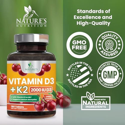 Vitamin D 2000 IE & K2 (MK7) Komplex – 180 Kautabletten für Knochen, Zähne, Muskeln, Immunsystem & Herzgesundheit