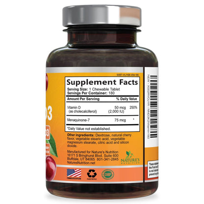 Vitamin D 2000 IE & K2 (MK7) Komplex – 180 Kautabletten für Knochen, Zähne, Muskeln, Immunsystem & Herzgesundheit