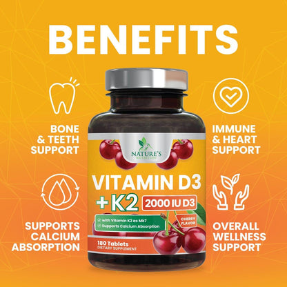 Vitamin D 2000 IE & K2 (MK7) Komplex – 180 Kautabletten für Knochen, Zähne, Muskeln, Immunsystem & Herzgesundheit