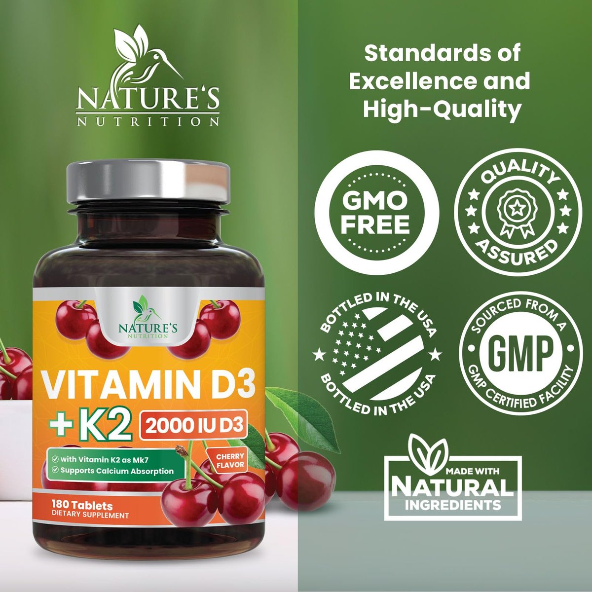 Vitamin D 2000 IE & K2 (MK7) Komplex – 180 Kautabletten für Knochen, Zähne, Muskeln, Immunsystem & Herzgesundheit