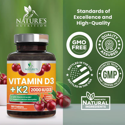 Vitamin D 2000 IE & K2 (MK7) Komplex – 180 Kautabletten für Knochen, Zähne, Muskeln, Immunsystem & Herzgesundheit