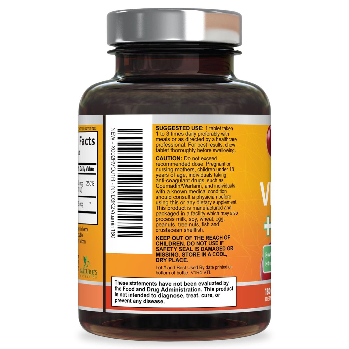 Vitamin D 2000 IE & K2 (MK7) Komplex – 180 Kautabletten für Knochen, Zähne, Muskeln, Immunsystem & Herzgesundheit