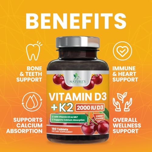Vitamin D 2000 IE & K2 (MK7) Komplex – 180 Kautabletten für Knochen, Zähne, Muskeln, Immunsystem & Herzgesundheit