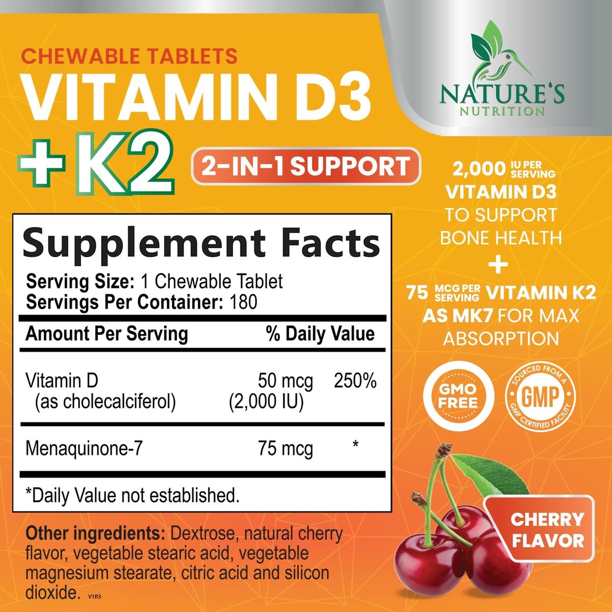 Vitamin D 2000 IE & K2 (MK7) Komplex – 180 Kautabletten für Knochen, Zähne, Muskeln, Immunsystem & Herzgesundheit