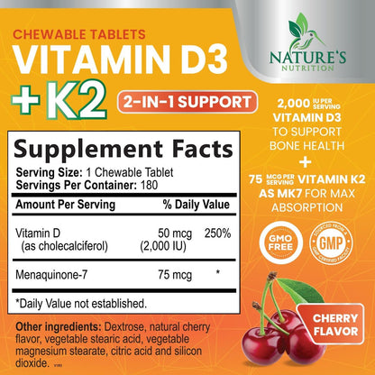 Vitamin D 2000 IE & K2 (MK7) Komplex – 180 Kautabletten für Knochen, Zähne, Muskeln, Immunsystem & Herzgesundheit