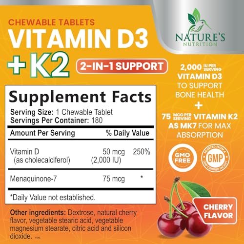 Vitamin D 2000 IE & K2 (MK7) Komplex – 180 Kautabletten für Knochen, Zähne, Muskeln, Immunsystem & Herzgesundheit
