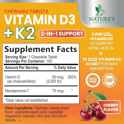 Vitamin D 2000 IE & K2 (MK7) Komplex – 180 Kautabletten für Knochen, Zähne, Muskeln, Immunsystem & Herzgesundheit