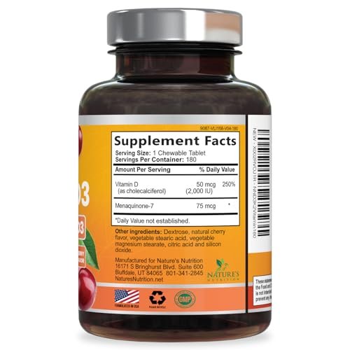 Vitamin D 2000 IE & K2 (MK7) Komplex – 180 Kautabletten für Knochen, Zähne, Muskeln, Immunsystem & Herzgesundheit