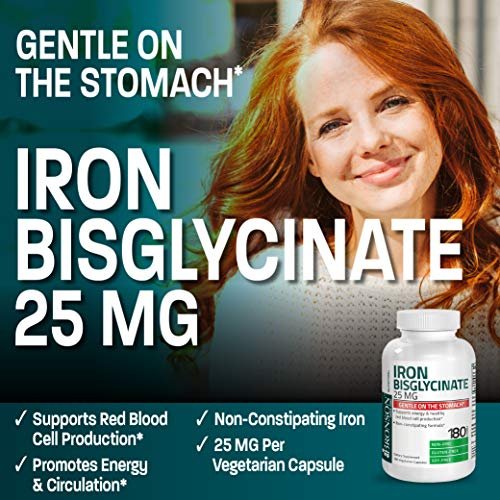 Bronson Eisenbisglycinat 25 mg – Magenfreundlich, unterstützt Energie & gesunde rote Blutkörperchen – nicht verstopfend – Nicht-GVO, 180 Kapseln