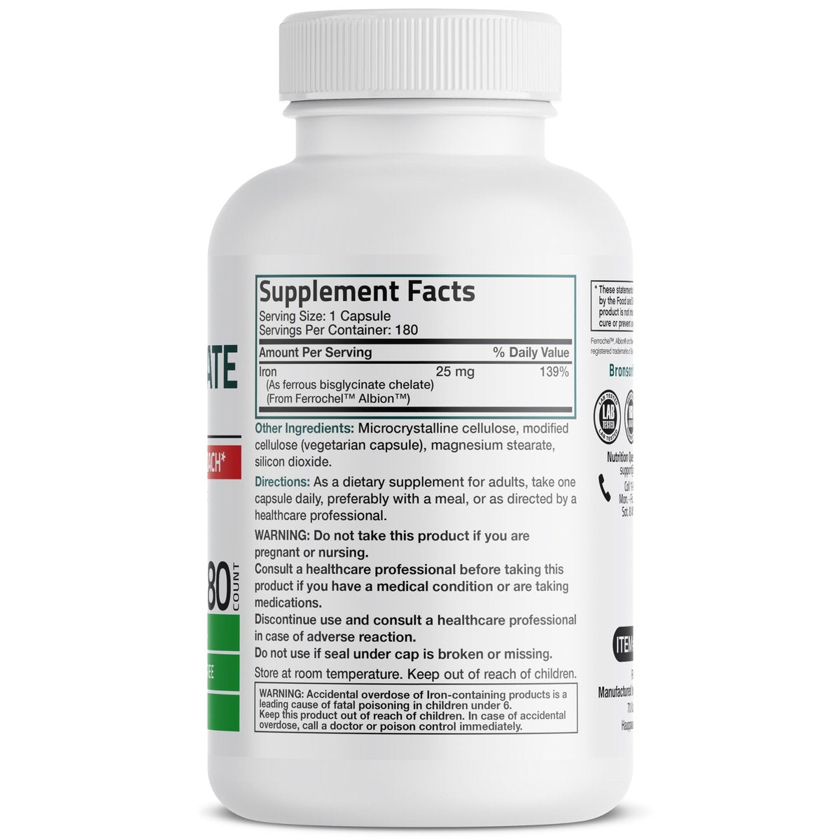 Bronson Eisenbisglycinat 25 mg – Magenfreundlich, unterstützt Energie & gesunde rote Blutkörperchen – nicht verstopfend – Nicht-GVO, 180 Kapseln