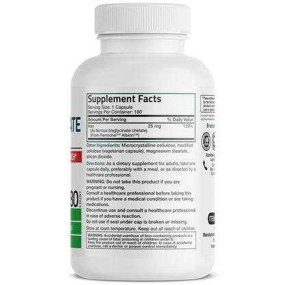 Bronson Eisenbisglycinat 25 mg – Magenfreundlich, unterstützt Energie & gesunde rote Blutkörperchen – nicht verstopfend – Nicht-GVO, 180 Kapseln