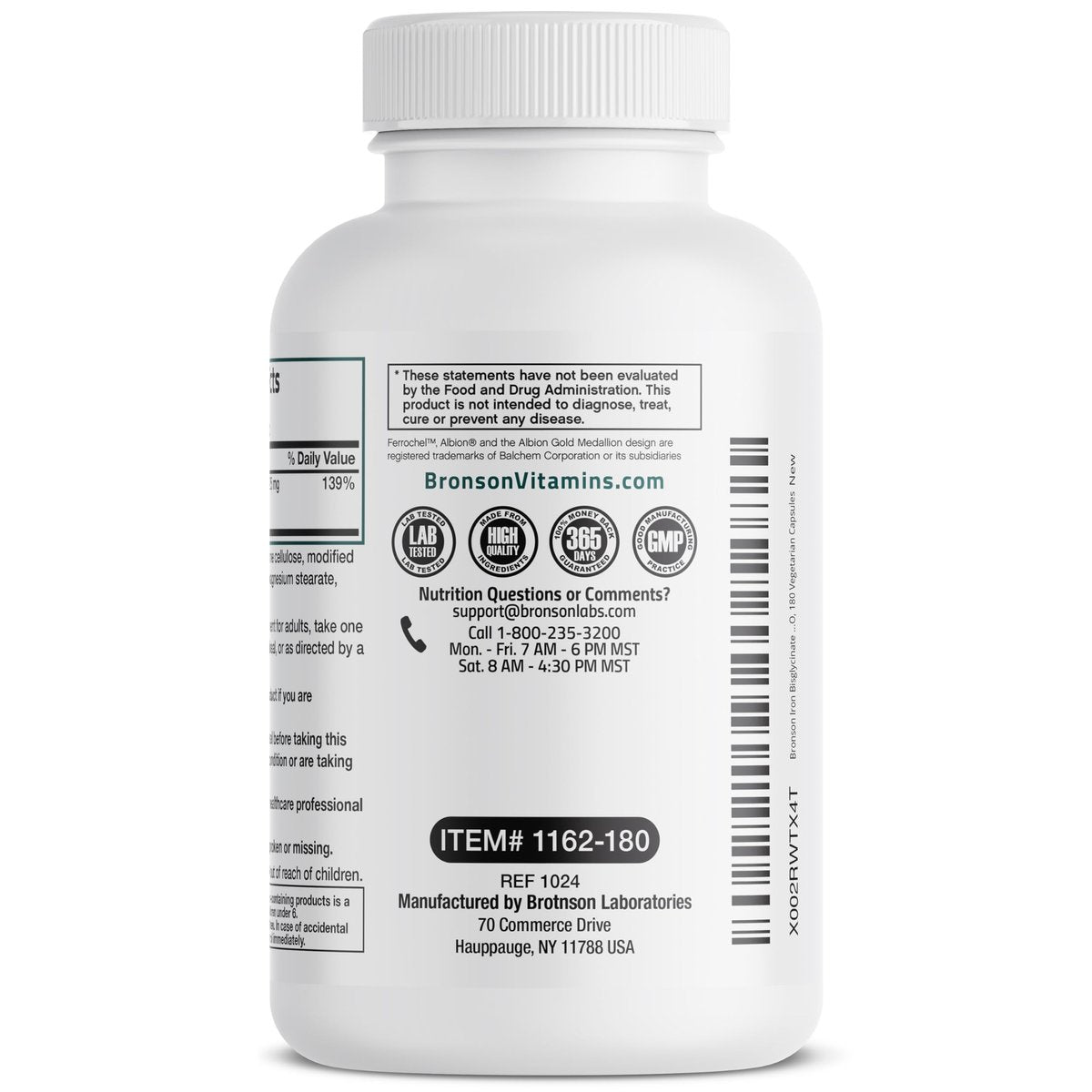 Bronson Eisenbisglycinat 25 mg – Magenfreundlich, unterstützt Energie & gesunde rote Blutkörperchen – nicht verstopfend – Nicht-GVO, 180 Kapseln
