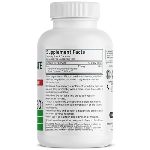 Bronson Eisenbisglycinat 25 mg – Magenfreundlich, unterstützt Energie & gesunde rote Blutkörperchen – nicht verstopfend – Nicht-GVO, 180 Kapseln