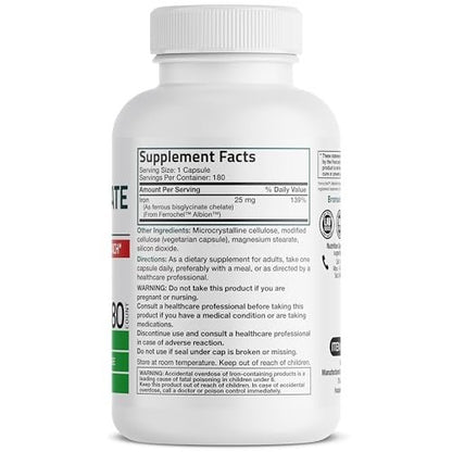 Bronson Eisenbisglycinat 25 mg – Magenfreundlich, unterstützt Energie & gesunde rote Blutkörperchen – nicht verstopfend – Nicht-GVO, 180 Kapseln