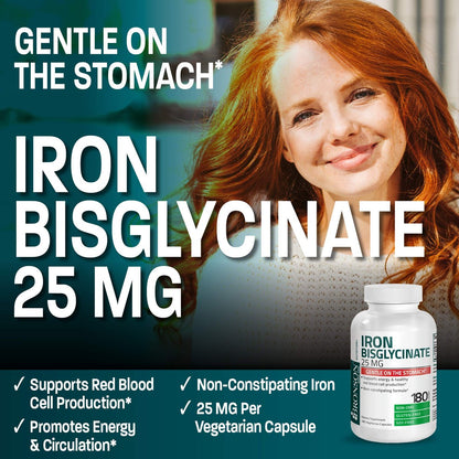 Bronson Eisenbisglycinat 25 mg – Magenfreundlich, unterstützt Energie & gesunde rote Blutkörperchen – nicht verstopfend – Nicht-GVO, 180 Kapseln