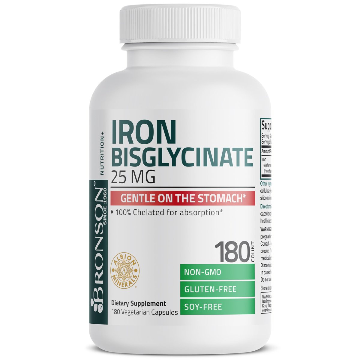 Bronson Eisenbisglycinat 25 mg – Magenfreundlich, unterstützt Energie & gesunde rote Blutkörperchen – nicht verstopfend – Nicht-GVO, 180 Kapseln