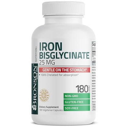 Bronson Eisenbisglycinat 25 mg – Magenfreundlich, unterstützt Energie & gesunde rote Blutkörperchen – nicht verstopfend – Nicht-GVO, 180 Kapseln