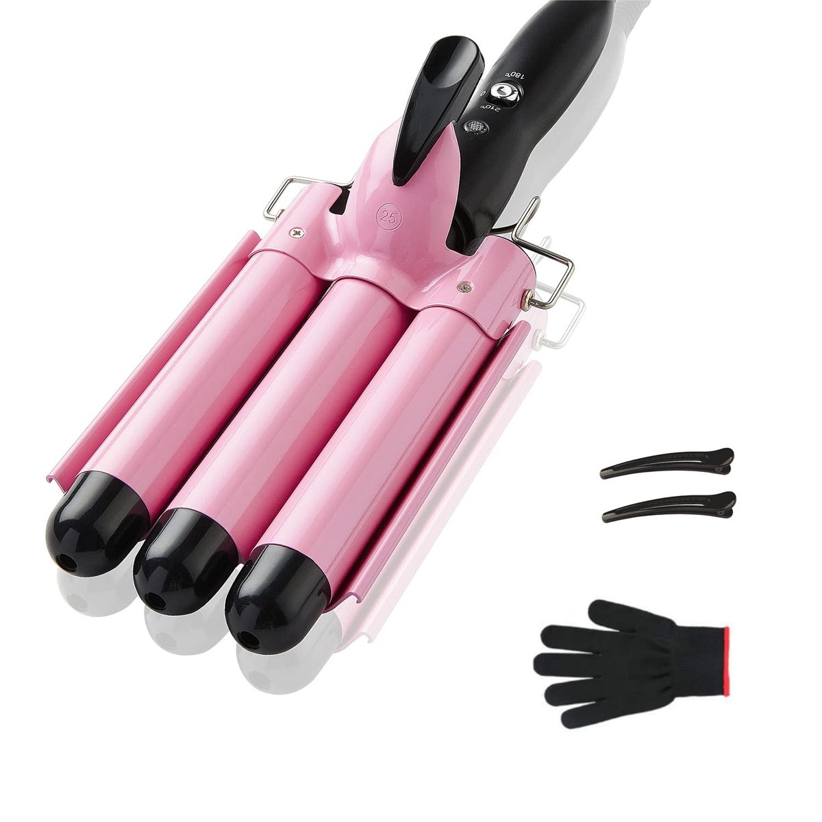 TOP4EVER 3-Fass Lockenstab, 2,5 cm Crimper-Haartool, Wellenstab für Beach Waves mit zwei Temperatureinstellungen, Rosa