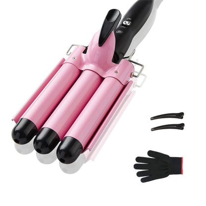TOP4EVER 3-Fass Lockenstab, 2,5 cm Crimper-Haartool, Wellenstab für Beach Waves mit zwei Temperatureinstellungen, Rosa