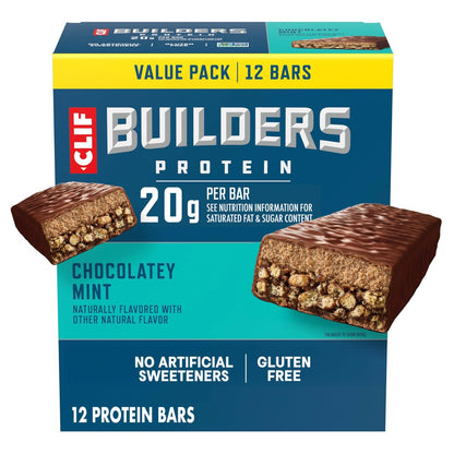 CLIF BUILDERS Proteinriegel – Schokoladen-Minze – 20 g pflanzliches Protein – glutenfrei – nicht gentechnisch verändert – niedriger glykämischer Index – ohne künstliche Süßstoffe – 2,4 oz (12er-Pack)