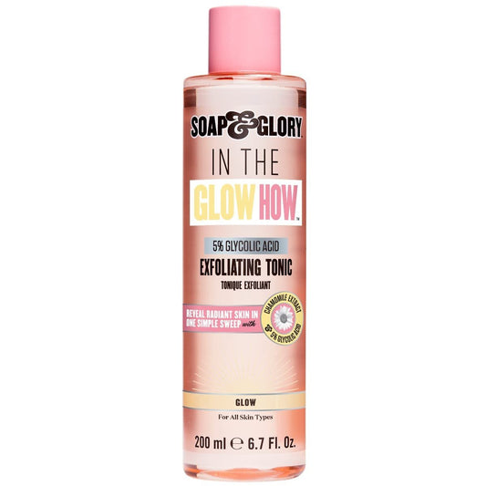 Soap & Glory In The Glow How Vitamin C 5% Glykolsäure Peeling-Tonic – Sanftes Glykolsäure-Tonic + Kamillenextrakt – Porenverfeinerndes Peeling-Tonic für strahlendere, gesündere Haut (200 ml)