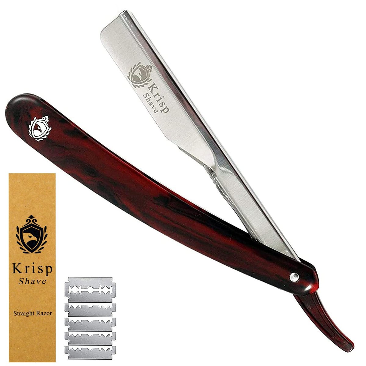 Krisp Beauty Professional Classic Straight Edge Barber Rasierer für eine gründliche Rasur - Salonqualität manueller Herren Bart Cut Throat Shavette mit 10 Rasierklingen (Red Marble, 11-teiliges Set)