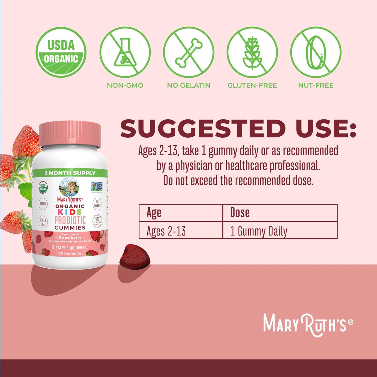 MaryRuth Organics Probiotika für Kinder – USDA Bio Probiotische Gummis für 2 Monate – Unterstützt Verdauung und Immunsystem – Vegan, Nicht-GVO, Glutenfrei – 60 Stück
