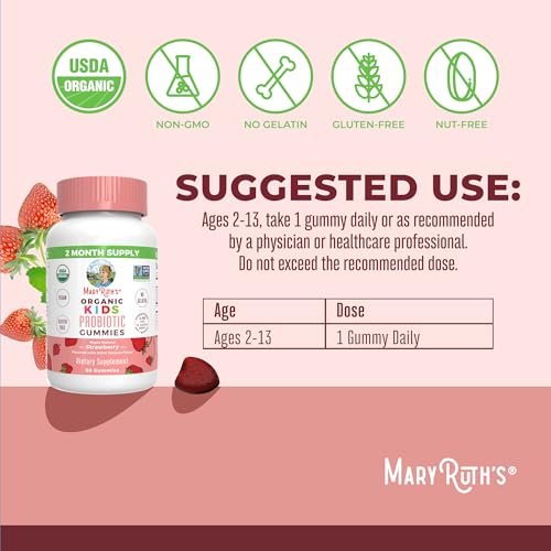 MaryRuth Organics Probiotika für Kinder – USDA Bio Probiotische Gummis für 2 Monate – Unterstützt Verdauung und Immunsystem – Vegan, Nicht-GVO, Glutenfrei – 60 Stück
