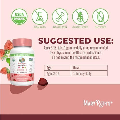 MaryRuth Organics Probiotika für Kinder – USDA Bio Probiotische Gummis für 2 Monate – Unterstützt Verdauung und Immunsystem – Vegan, Nicht-GVO, Glutenfrei – 60 Stück