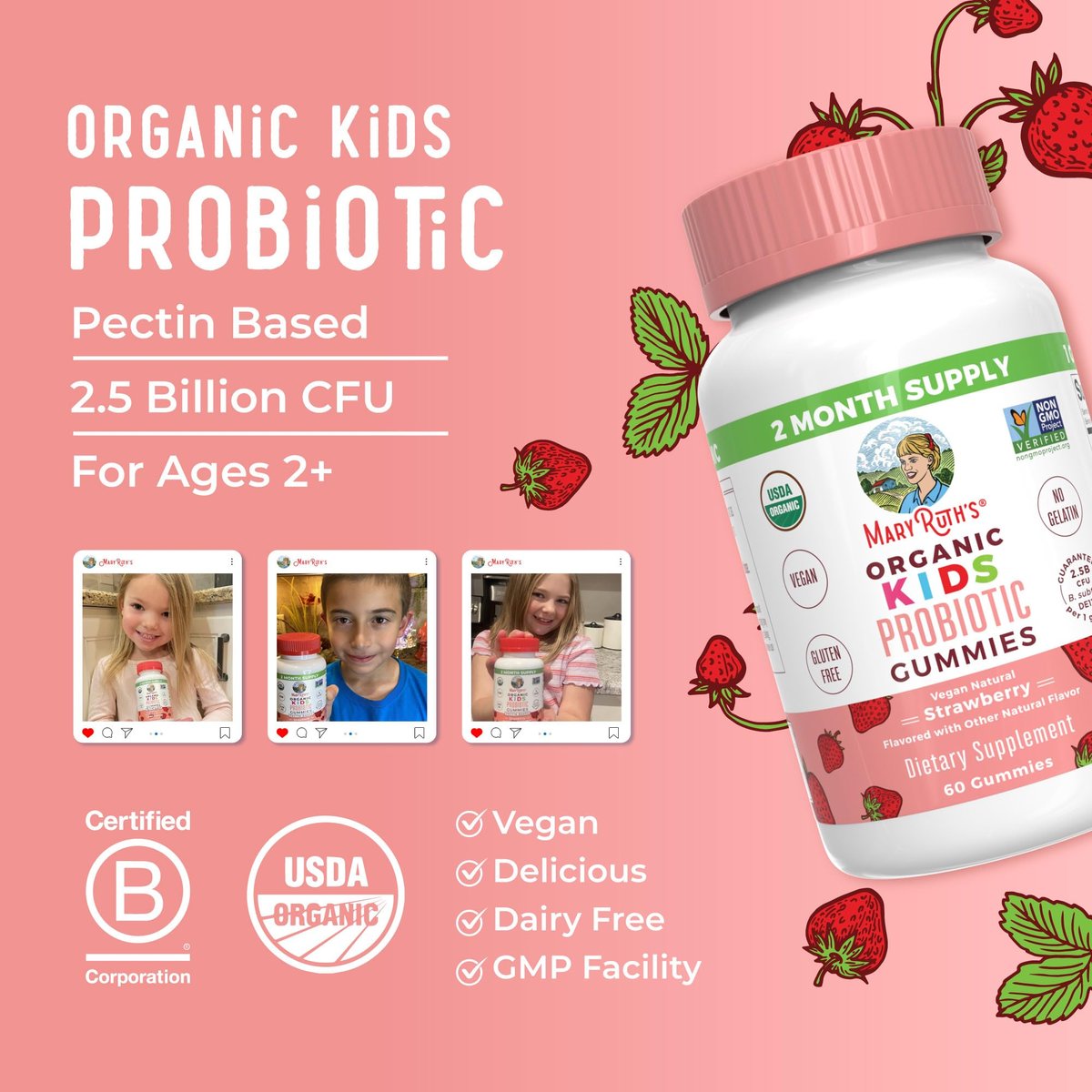 MaryRuth Organics Probiotika für Kinder – USDA Bio Probiotische Gummis für 2 Monate – Unterstützt Verdauung und Immunsystem – Vegan, Nicht-GVO, Glutenfrei – 60 Stück