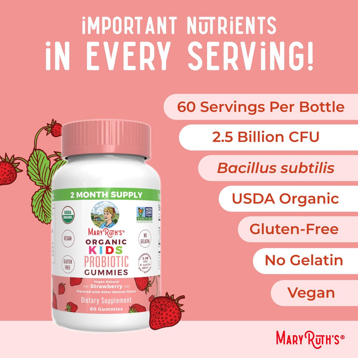 MaryRuth Organics Probiotika für Kinder – USDA Bio Probiotische Gummis für 2 Monate – Unterstützt Verdauung und Immunsystem – Vegan, Nicht-GVO, Glutenfrei – 60 Stück