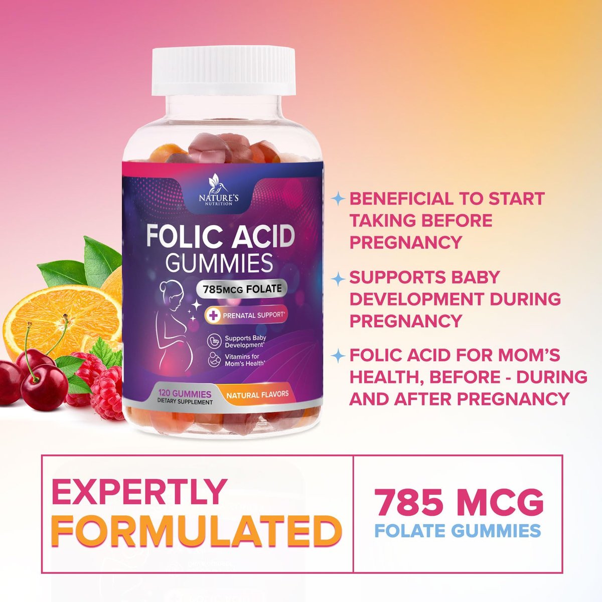 Folsäure Gummis für Frauen - 785 mcg Folat pro Gummi - Essentielle pränatale Vitamine für Mutter & Baby, vegane Folsäure-Gummis, tägliches B9-Vitamin vor, während und nach der Schwangerschaft - 120 Gummis