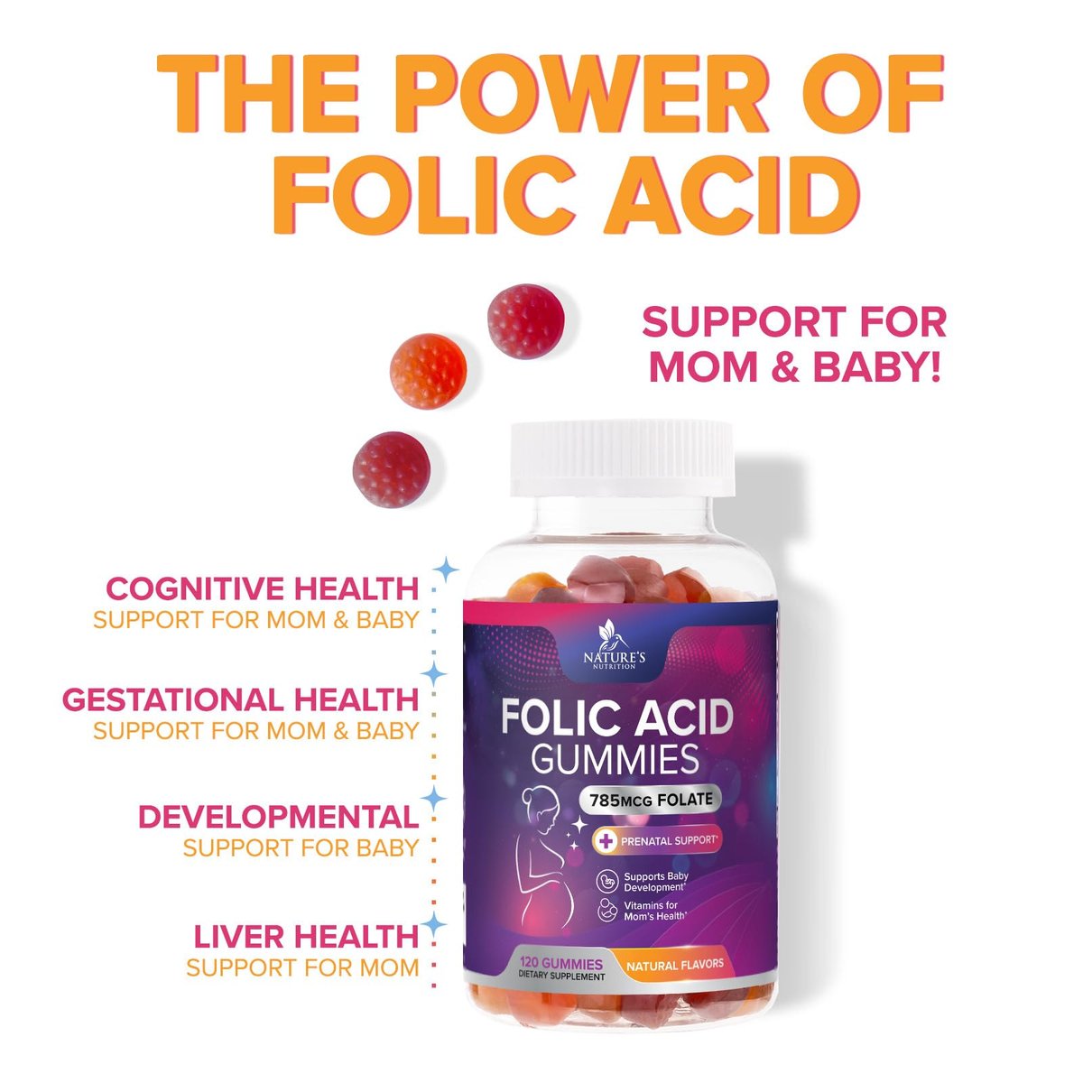 Folsäure Gummis für Frauen - 785 mcg Folat pro Gummi - Essentielle pränatale Vitamine für Mutter & Baby, vegane Folsäure-Gummis, tägliches B9-Vitamin vor, während und nach der Schwangerschaft - 120 Gummis