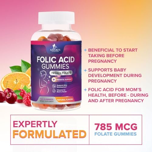 Folsäure Gummis für Frauen - 785 mcg Folat pro Gummi - Essentielle pränatale Vitamine für Mutter & Baby, vegane Folsäure-Gummis, tägliches B9-Vitamin vor, während und nach der Schwangerschaft - 120 Gummis
