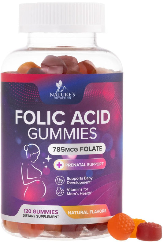 Folsäure Gummis für Frauen - 785 mcg Folat pro Gummi - Essentielle pränatale Vitamine für Mutter & Baby, vegane Folsäure-Gummis, tägliches B9-Vitamin vor, während und nach der Schwangerschaft - 120 Gummis