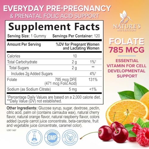 Folsäure Gummis für Frauen - 785 mcg Folat pro Gummi - Essentielle pränatale Vitamine für Mutter & Baby, vegane Folsäure-Gummis, tägliches B9-Vitamin vor, während und nach der Schwangerschaft - 120 Gummis