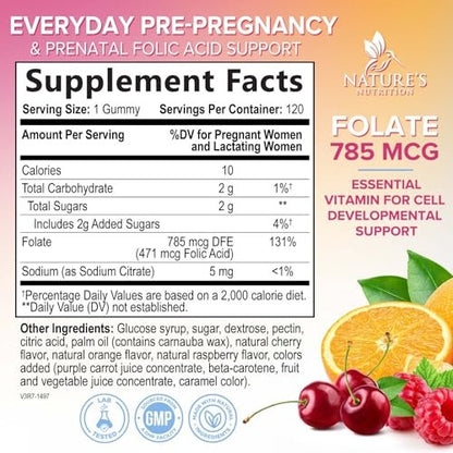 Folsäure Gummis für Frauen - 785 mcg Folat pro Gummi - Essentielle pränatale Vitamine für Mutter & Baby, vegane Folsäure-Gummis, tägliches B9-Vitamin vor, während und nach der Schwangerschaft - 120 Gummis