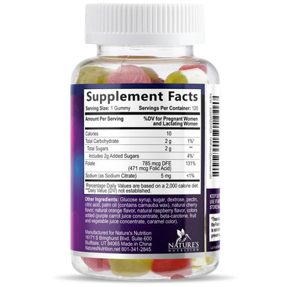 Folsäure Gummis für Frauen - 785 mcg Folat pro Gummi - Essentielle pränatale Vitamine für Mutter & Baby, vegane Folsäure-Gummis, tägliches B9-Vitamin vor, während und nach der Schwangerschaft - 120 Gummis