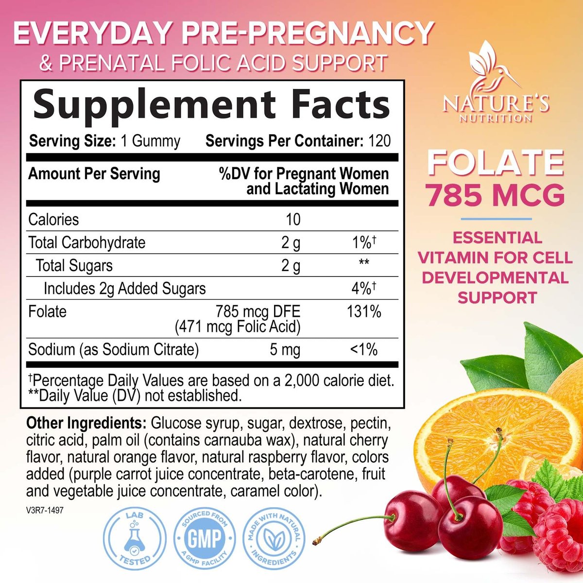 Folsäure Gummis für Frauen - 785 mcg Folat pro Gummi - Essentielle pränatale Vitamine für Mutter & Baby, vegane Folsäure-Gummis, tägliches B9-Vitamin vor, während und nach der Schwangerschaft - 120 Gummis