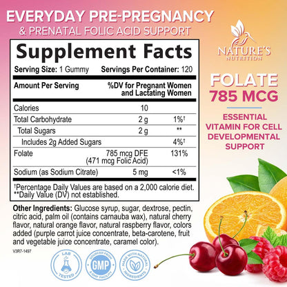 Folsäure Gummis für Frauen - 785 mcg Folat pro Gummi - Essentielle pränatale Vitamine für Mutter & Baby, vegane Folsäure-Gummis, tägliches B9-Vitamin vor, während und nach der Schwangerschaft - 120 Gummis