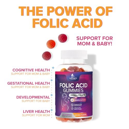 Folsäure Gummis für Frauen - 785 mcg Folat pro Gummi - Essentielle pränatale Vitamine für Mutter & Baby, vegane Folsäure-Gummis, tägliches B9-Vitamin vor, während und nach der Schwangerschaft - 120 Gummis