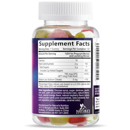 Folsäure Gummis für Frauen - 785 mcg Folat pro Gummi - Essentielle pränatale Vitamine für Mutter & Baby, vegane Folsäure-Gummis, tägliches B9-Vitamin vor, während und nach der Schwangerschaft - 120 Gummis
